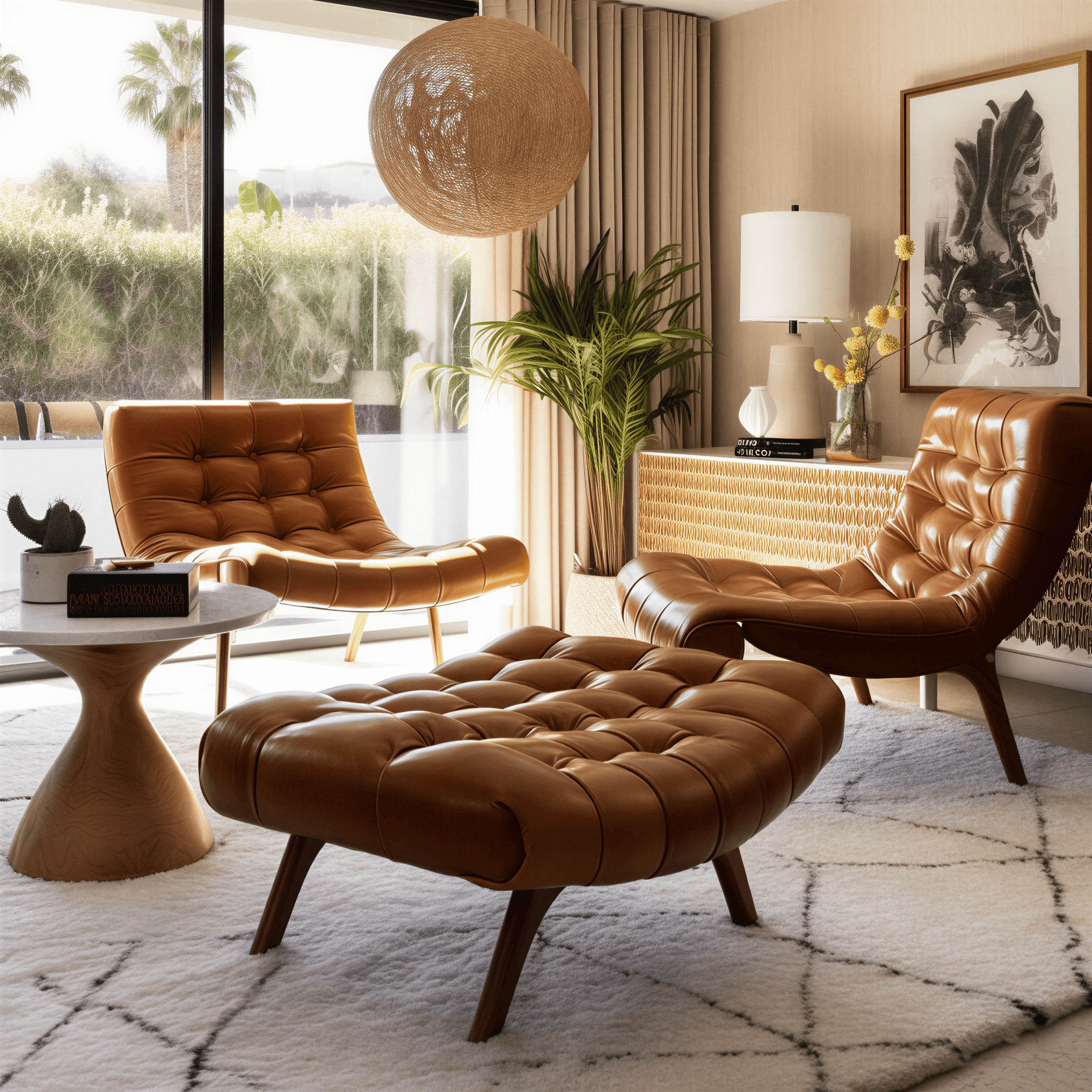 Mid-century modern living room with tufted caramel leather loungers and ottoman, woven pendant light, tropical plants, and floor-to-ceiling windows with palm views