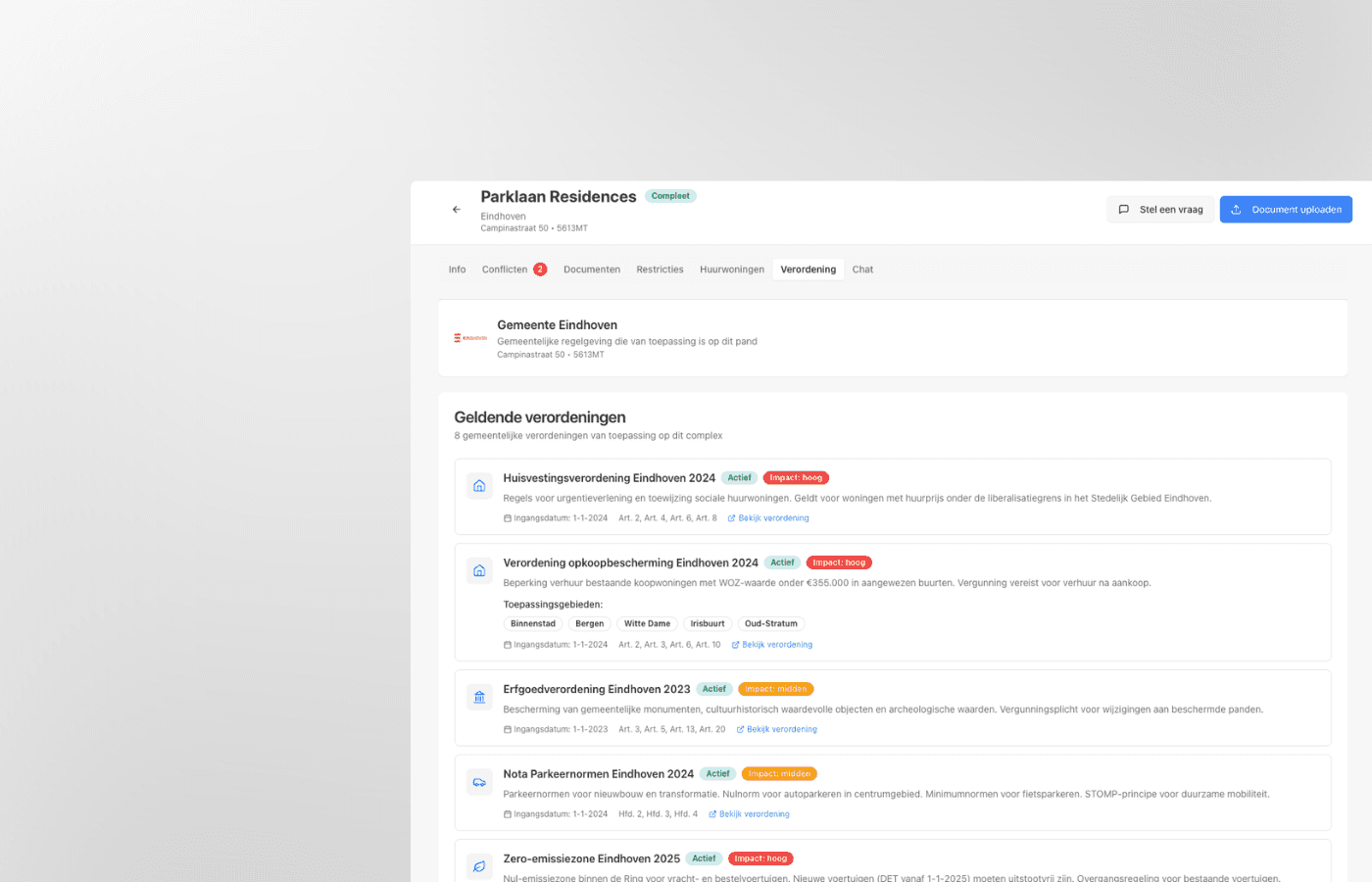 PD Woningfonds verordningenoverzicht voor Parklaan Residences met acht actieve gemeentelijke regelingen van Eindhoven
