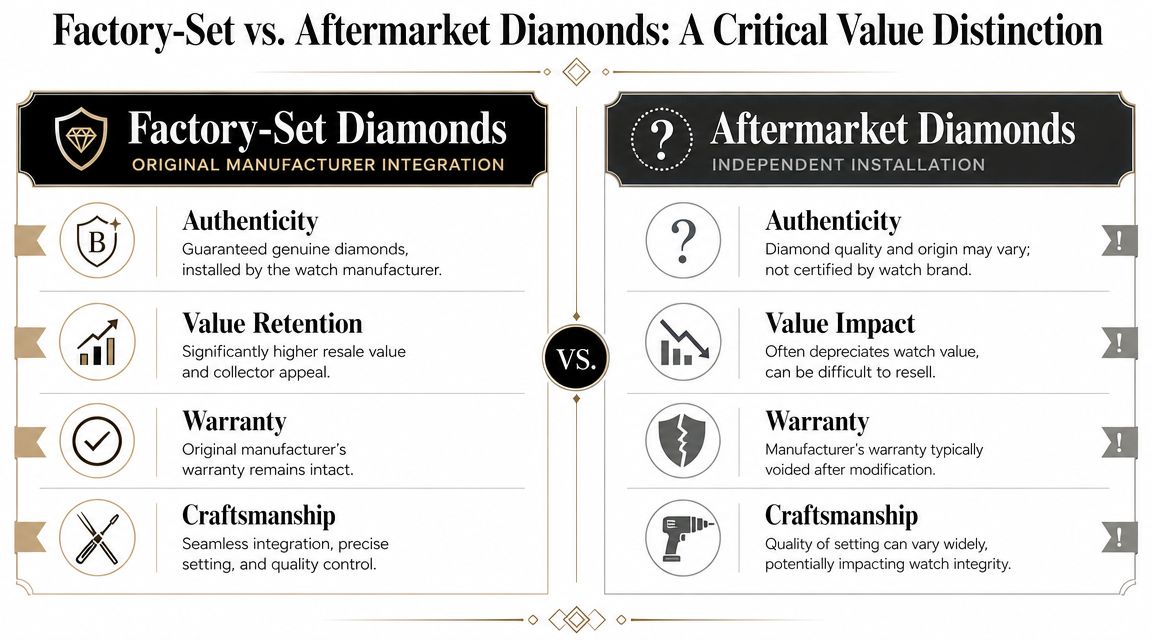 A comparison chart outlining the differences in authenticity, value, and warranty between factory-set and aftermarket diamonds on luxury watches.