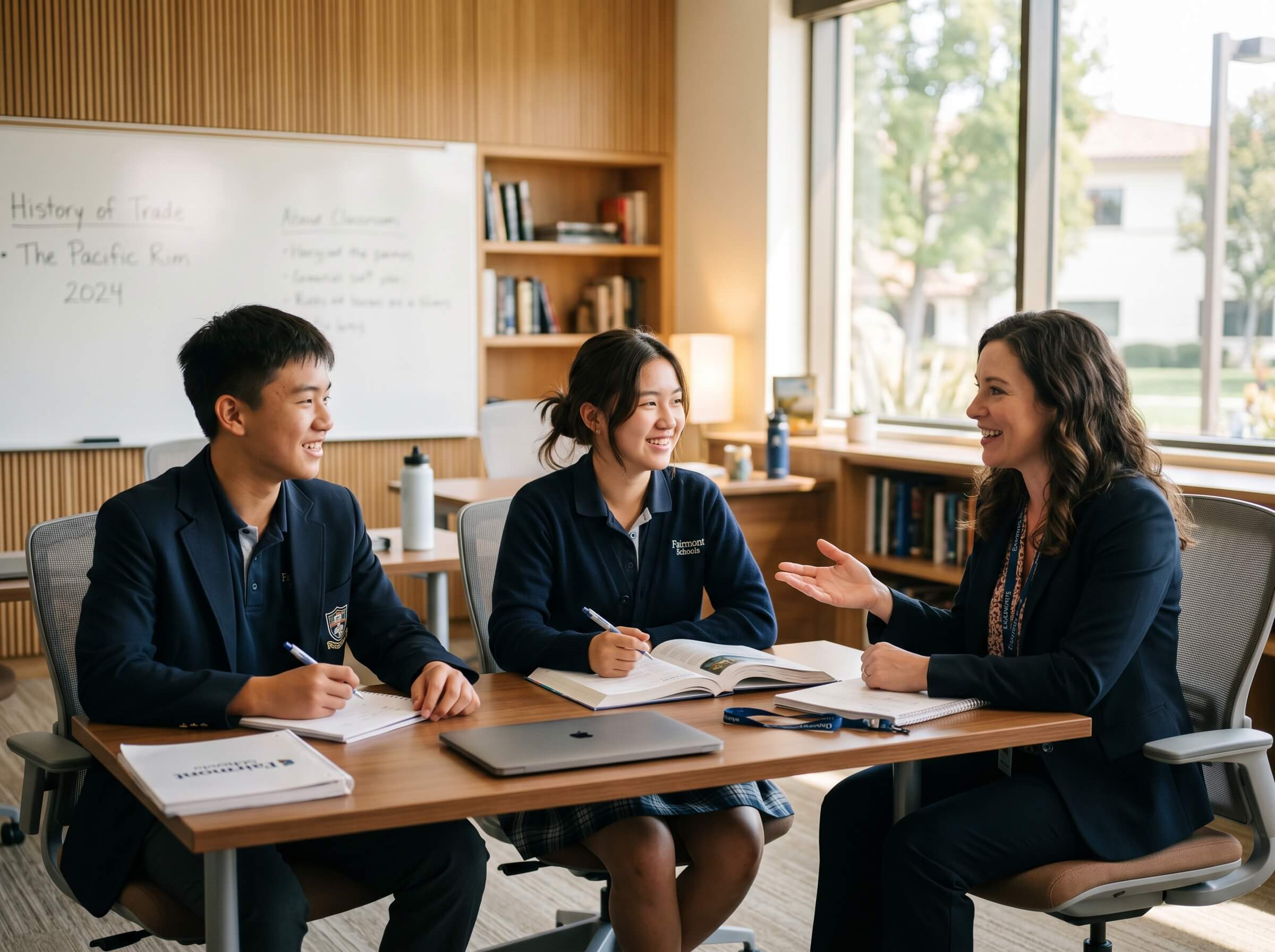 2 students chatting with the teacher in school meeting room