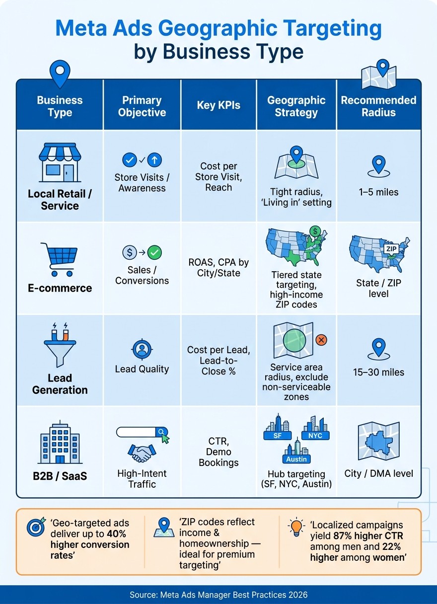 Meta Ads Geographic Targeting: Business Types, Strategies & KPIs