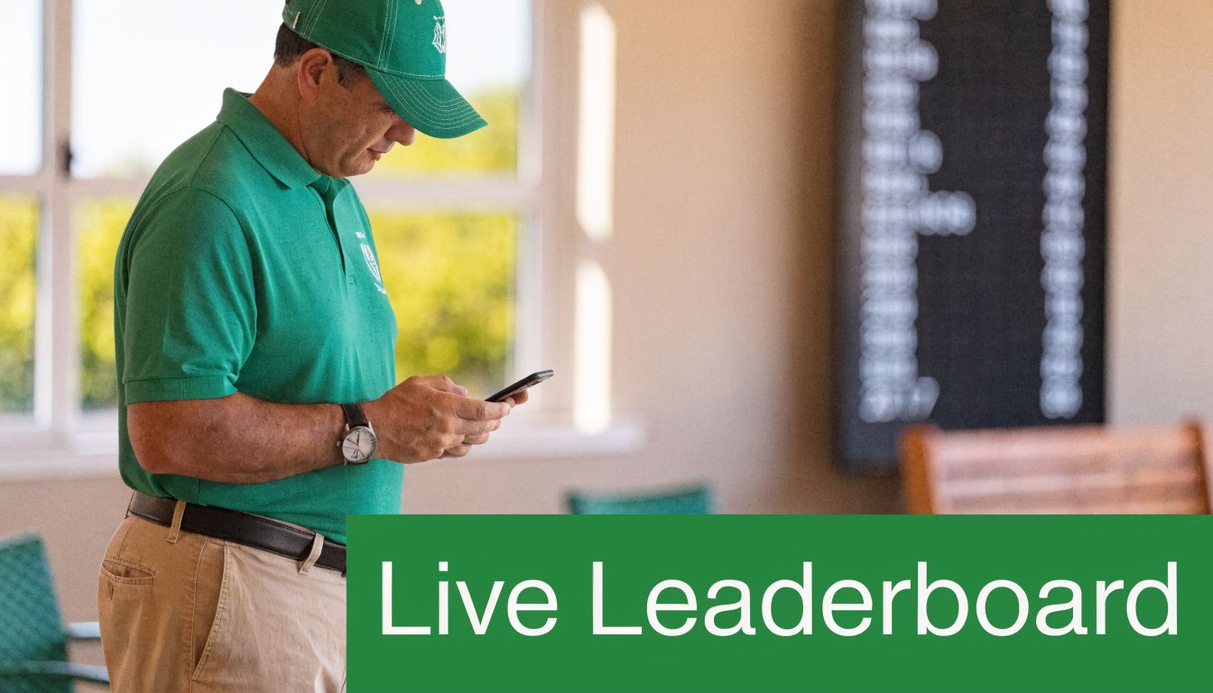 A man wearing a green golf shirt and hat looking at his mobile phone near a leaderboard.