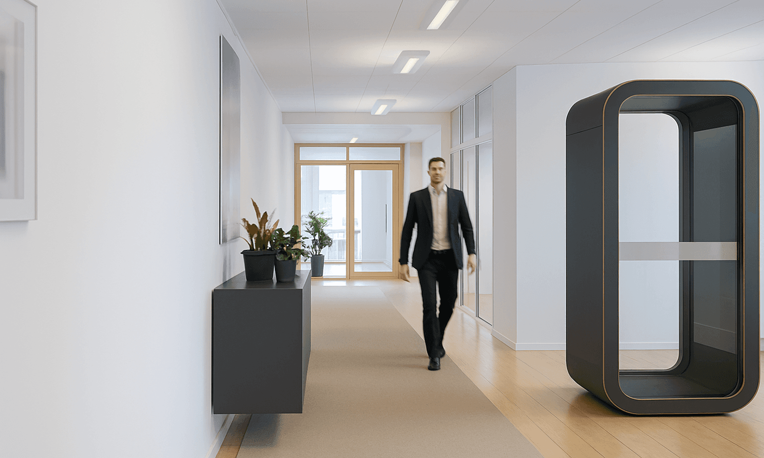 Modern hallway with yellow lockers and wooden cabinets.