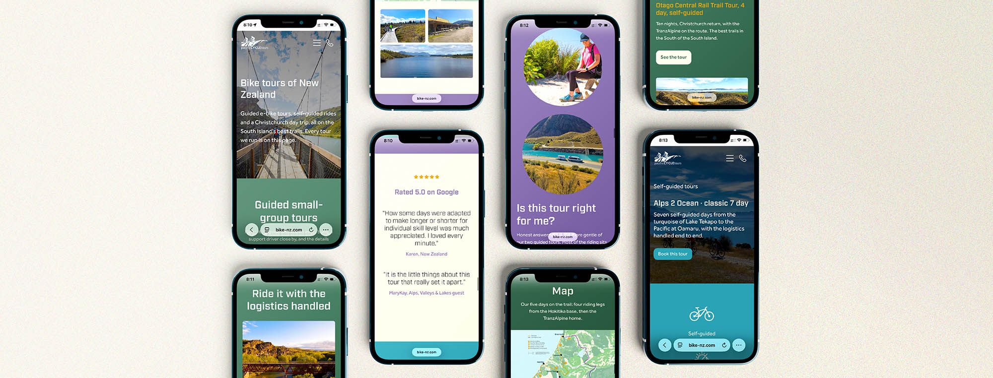 Pacific Cycle Tours Web design by Kyttn on a grid of mobile phones