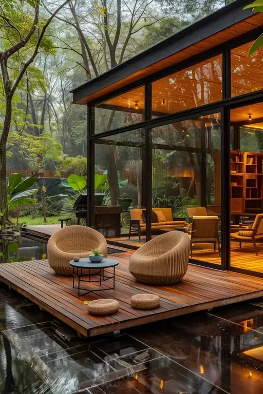 Glass-fronted garden room with outdoor seating