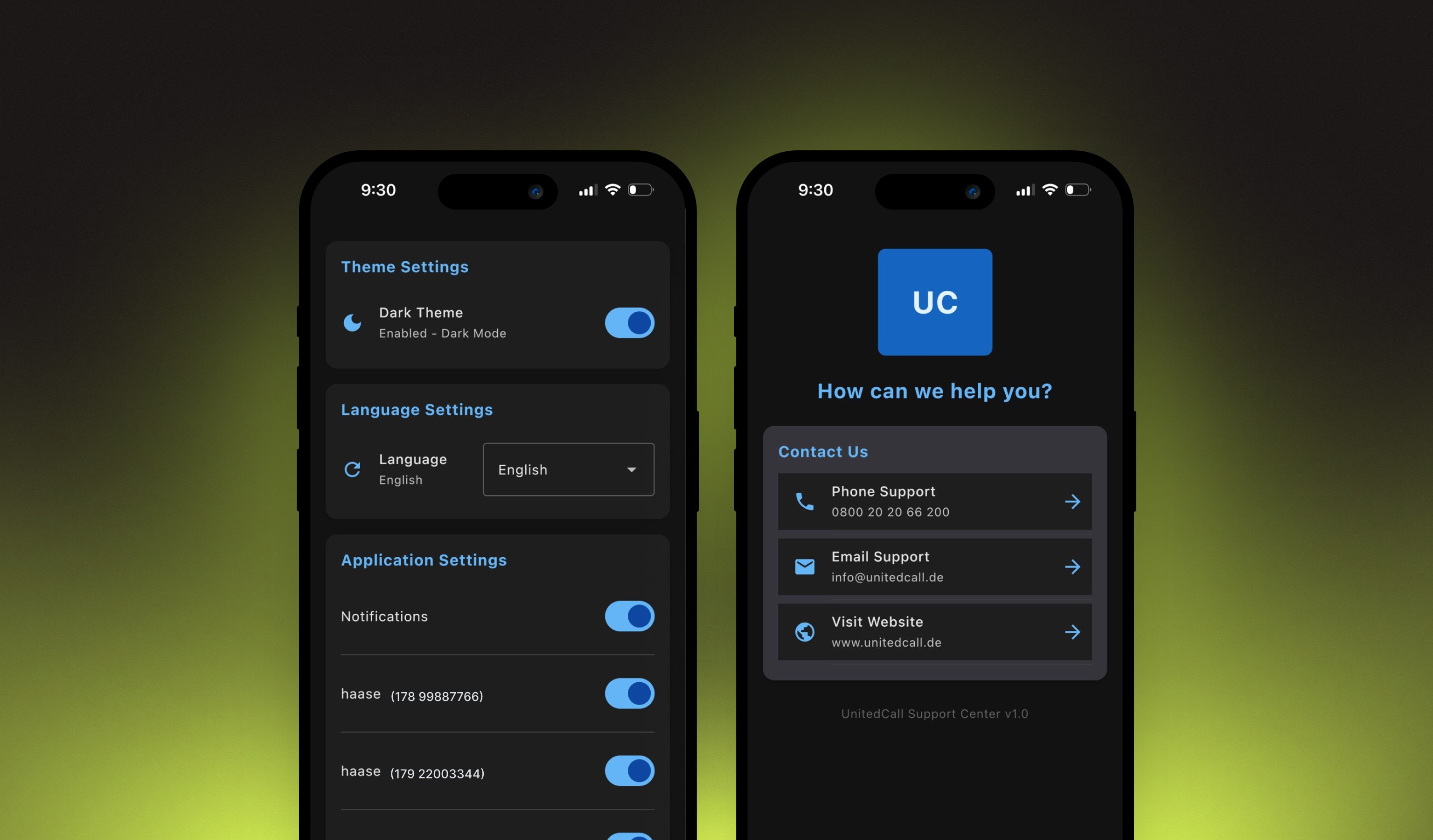 United Call App Einstellungen