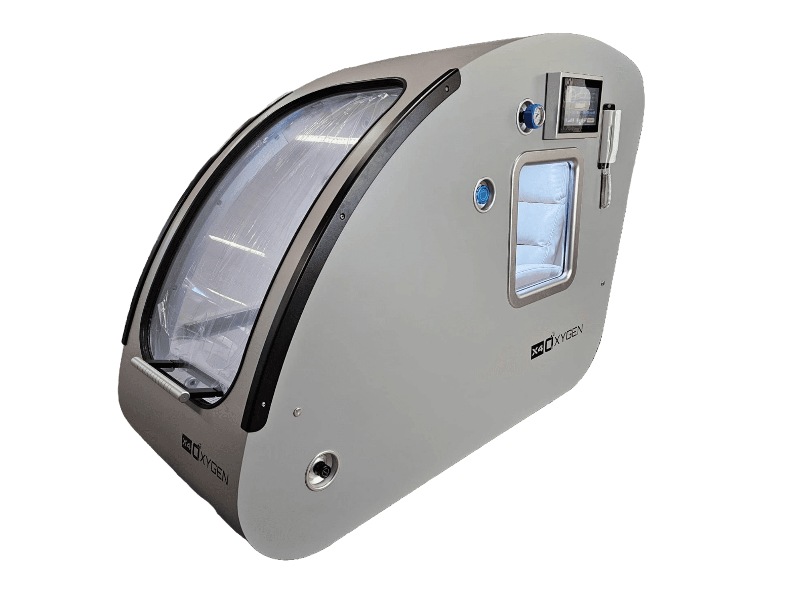 Hyperbaric oxygen chamber with control panel and transparent door. Model H130-20G2 from X4Oxygen