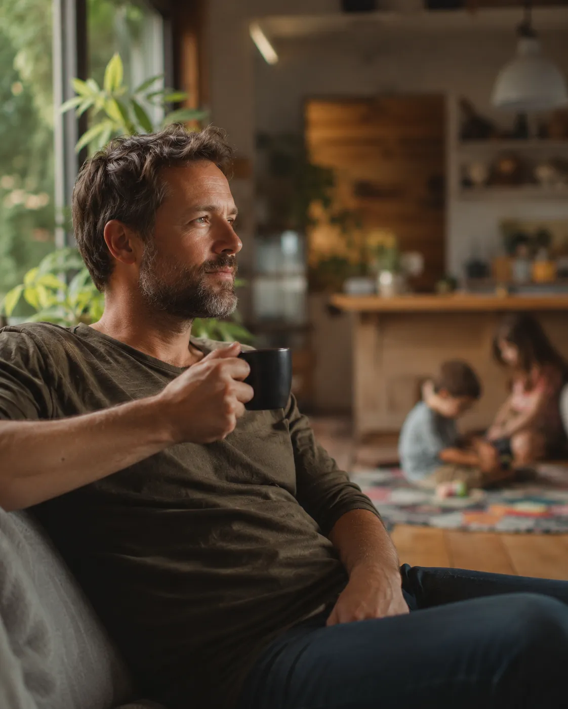 Man drinking tea at home while children play softly in the background