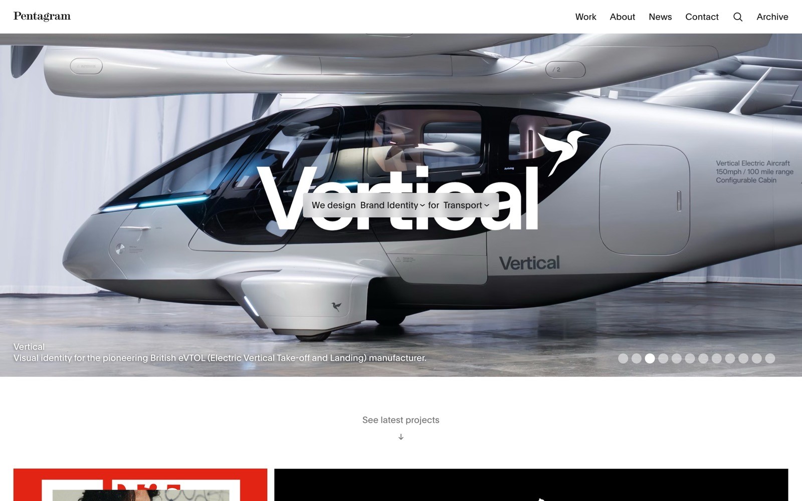 Futuristic aircraft with "Vertical" logo, set in a sleek, modern hangar. White text overlay: "We design Brand Identity – for Transport.