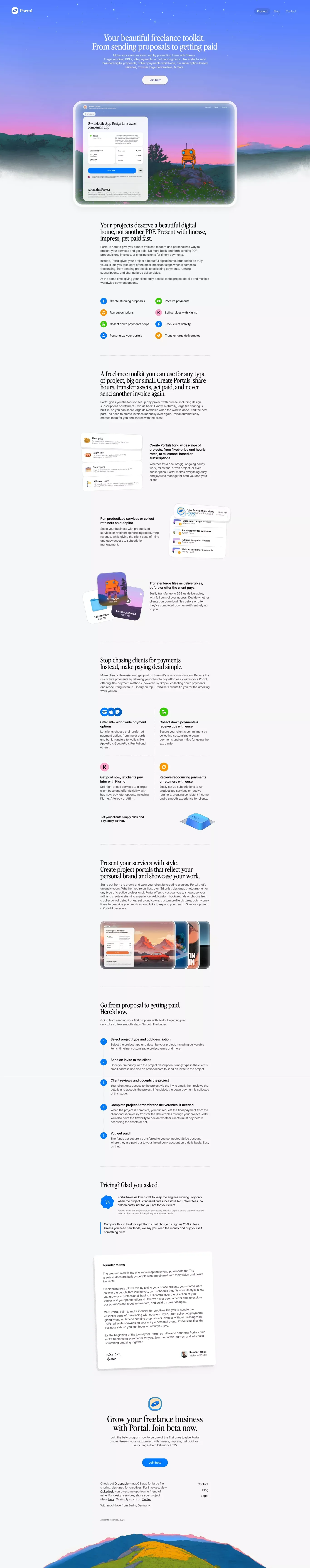 Portal - your beautiful freelance toolki landing page screenshot showcasing Finance and Tech design