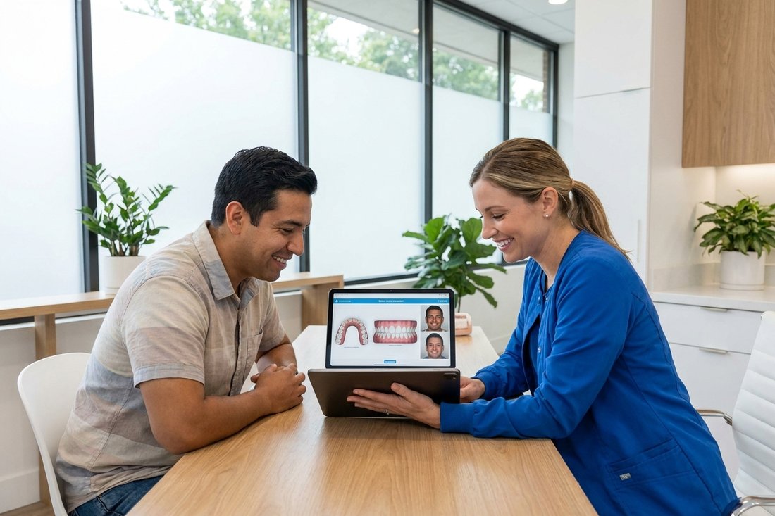 Cosmetic dentist reviewing a veneers treatment plan and cost estimate with a patient