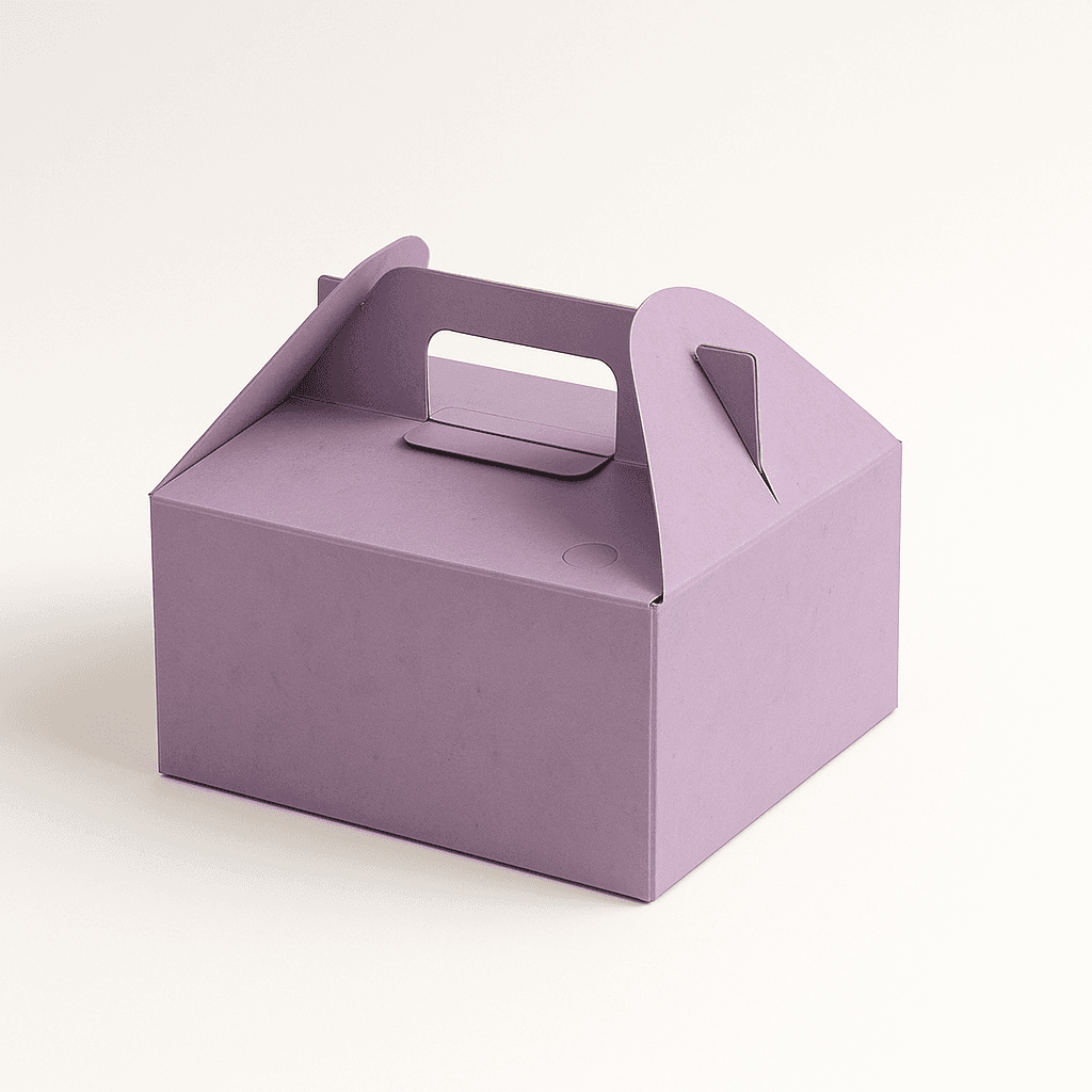 Tall purple handheld pastry box with secure locking mechanism for layered cakes.