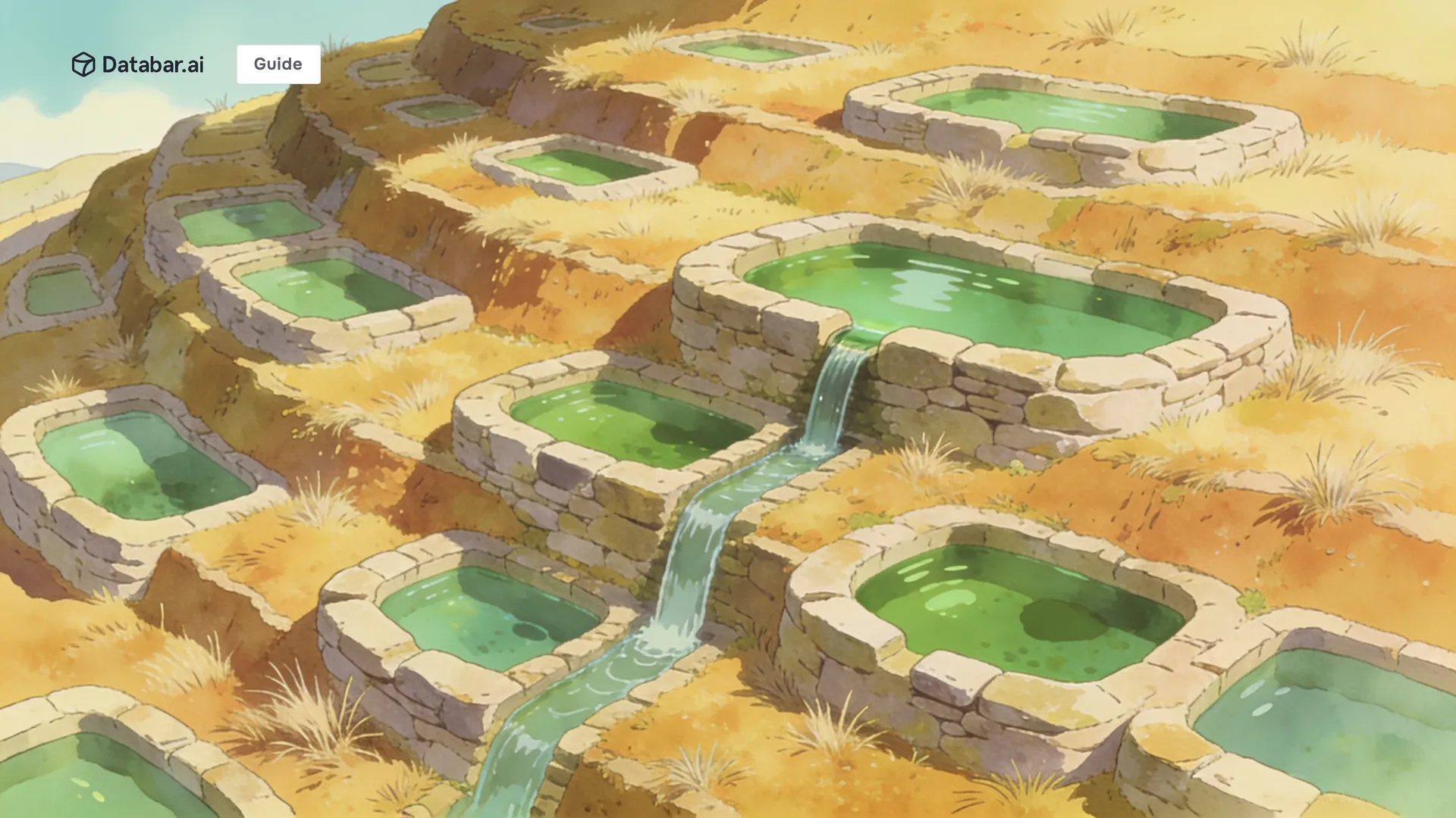 Illustration of a terraced hillside of stone cisterns at midday with one channel running down through them all — Best MCP Servers for Sales Teams in 2026
