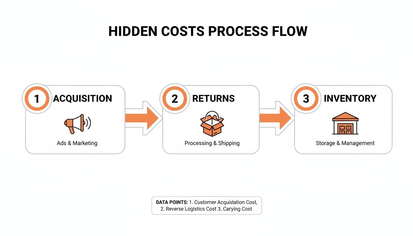 Process flow diagram illustrating hidden costs in customer acquisition, returns, and inventory management.