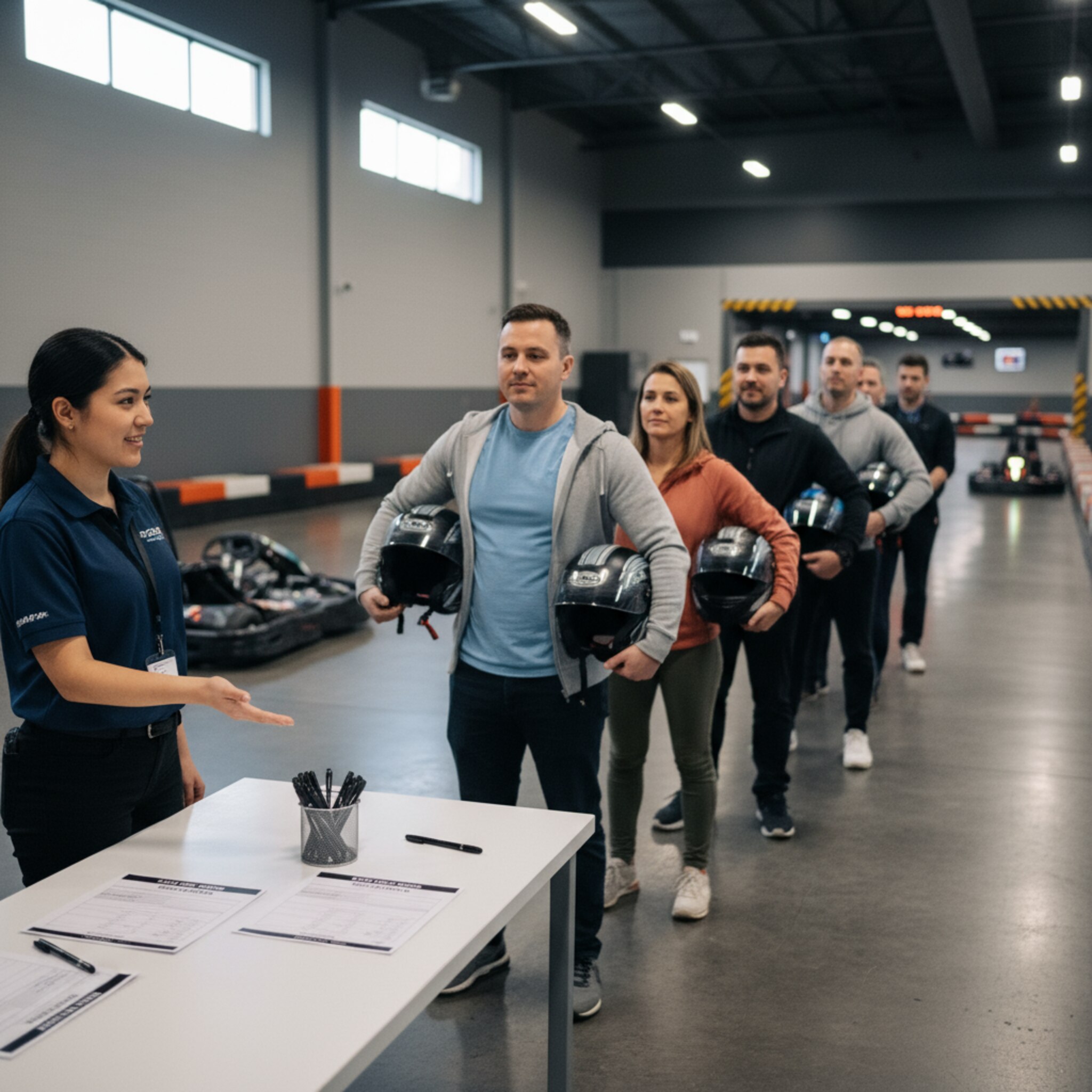Ein ruhiger Moment am Eingang: Eine Schlange rückt zügig vor, Fahrer halten ihre Helme locker in der Hand. Ein Mitarbeiter weist freundlich zur nächsten Station, das Licht ist hell und gleichmäßig. Auf einem Tisch liegen sauber sortierte Haftungsverzichtsformulare als Printbeispiel bereit.