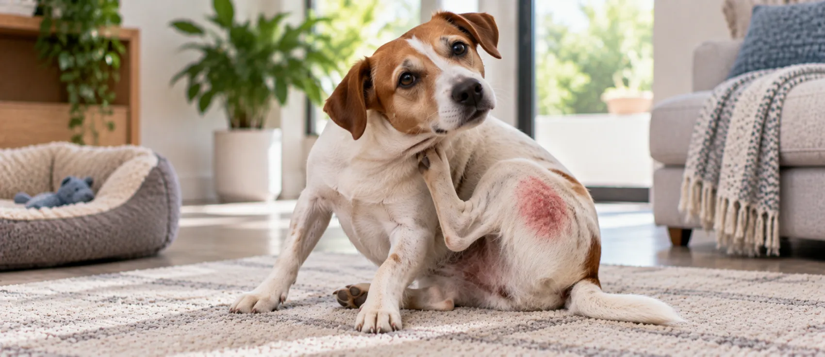 A dog scratches its side, revealing a raw, reddened patch of irritated skin.