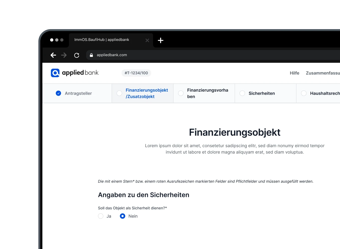 UI Angaben zum Finanzierungsobjekt BaufiHub
