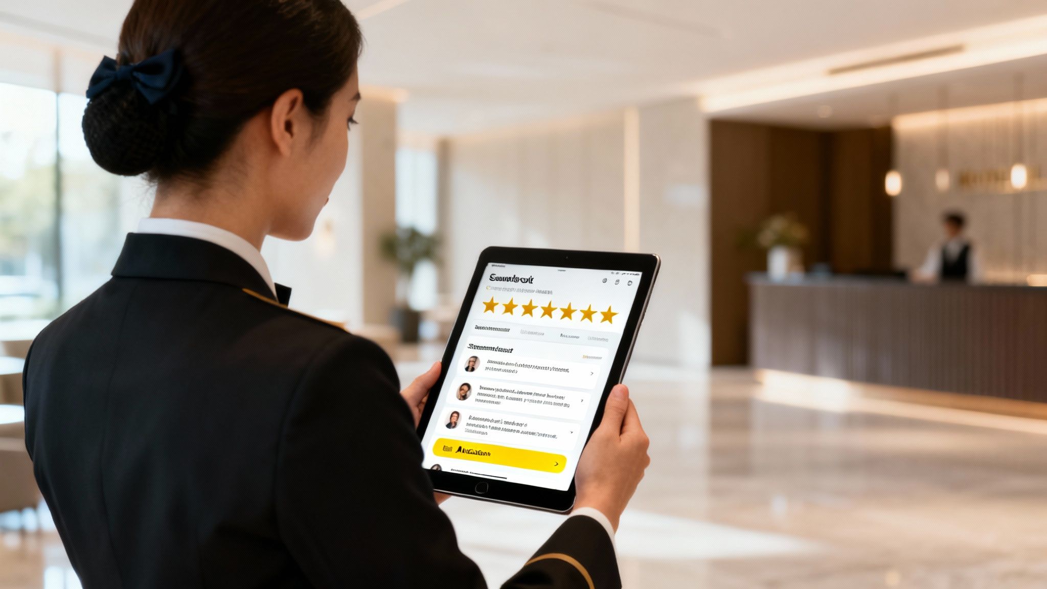 Hotel staff member in uniform reviews guest feedback and star ratings on a digital tablet.