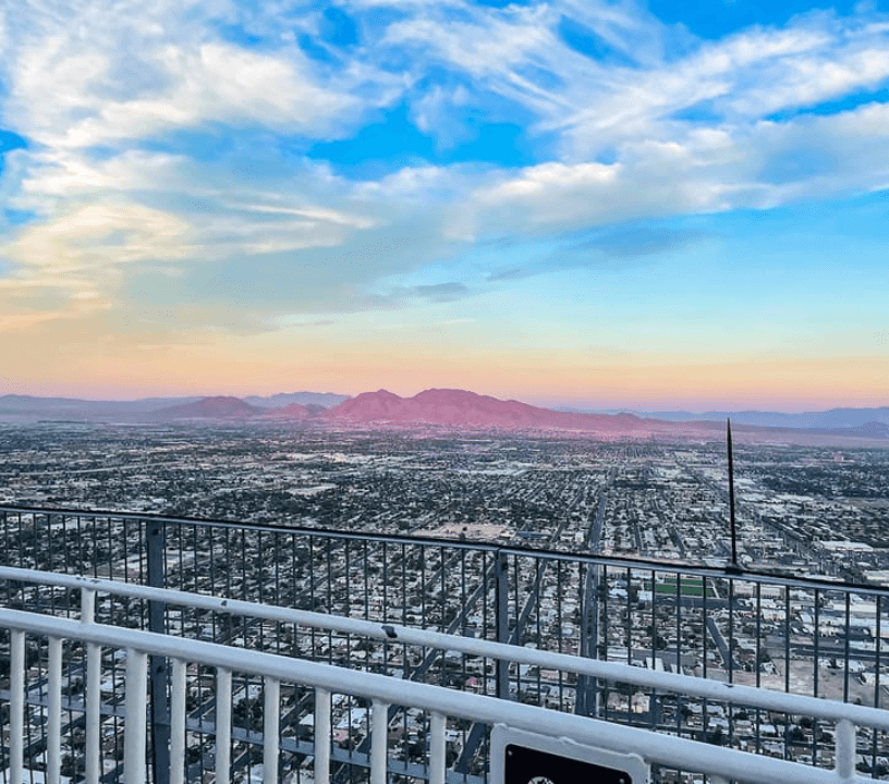 View of Las Vegas at sunrise from the STRAT Tower, the tallest observation deck in America.