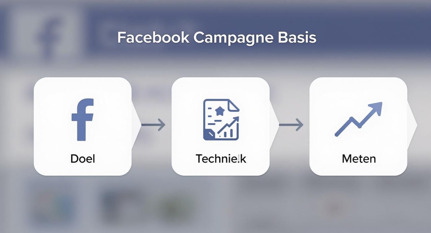 Een afbeelding toont de basisstappen van een Facebook campagne: Doel, Techniek en Meten.