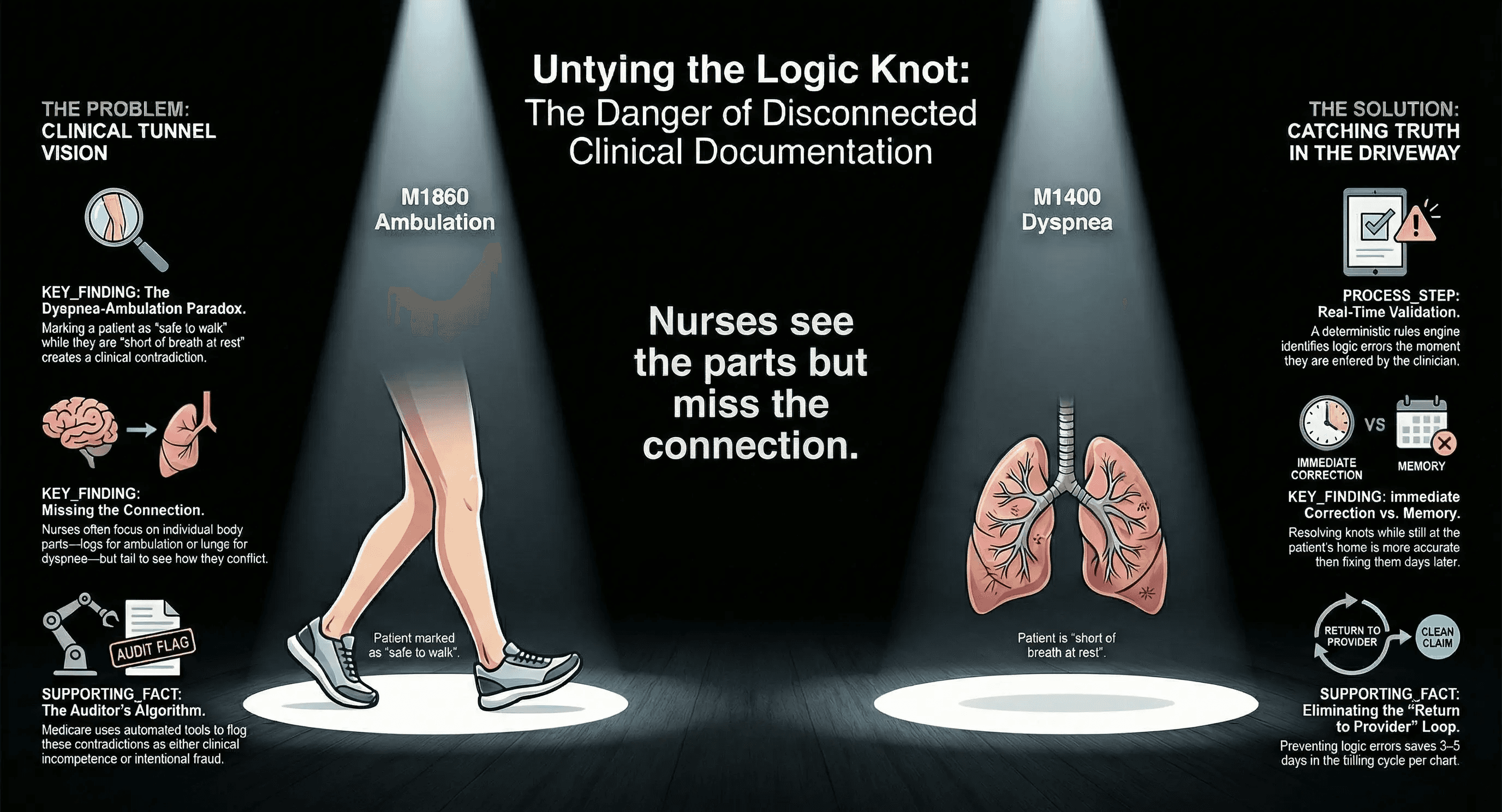 A dark graphic titled "The Danger of Disconnected Clinical Documentation." Two isolated spotlights shine into the darkness. One highlights a pair of legs walking (M1860) and the other highlights lungs (M1400). The text reads "Nurses see the parts but miss the connection" to illustrate clinical tunnel vision.