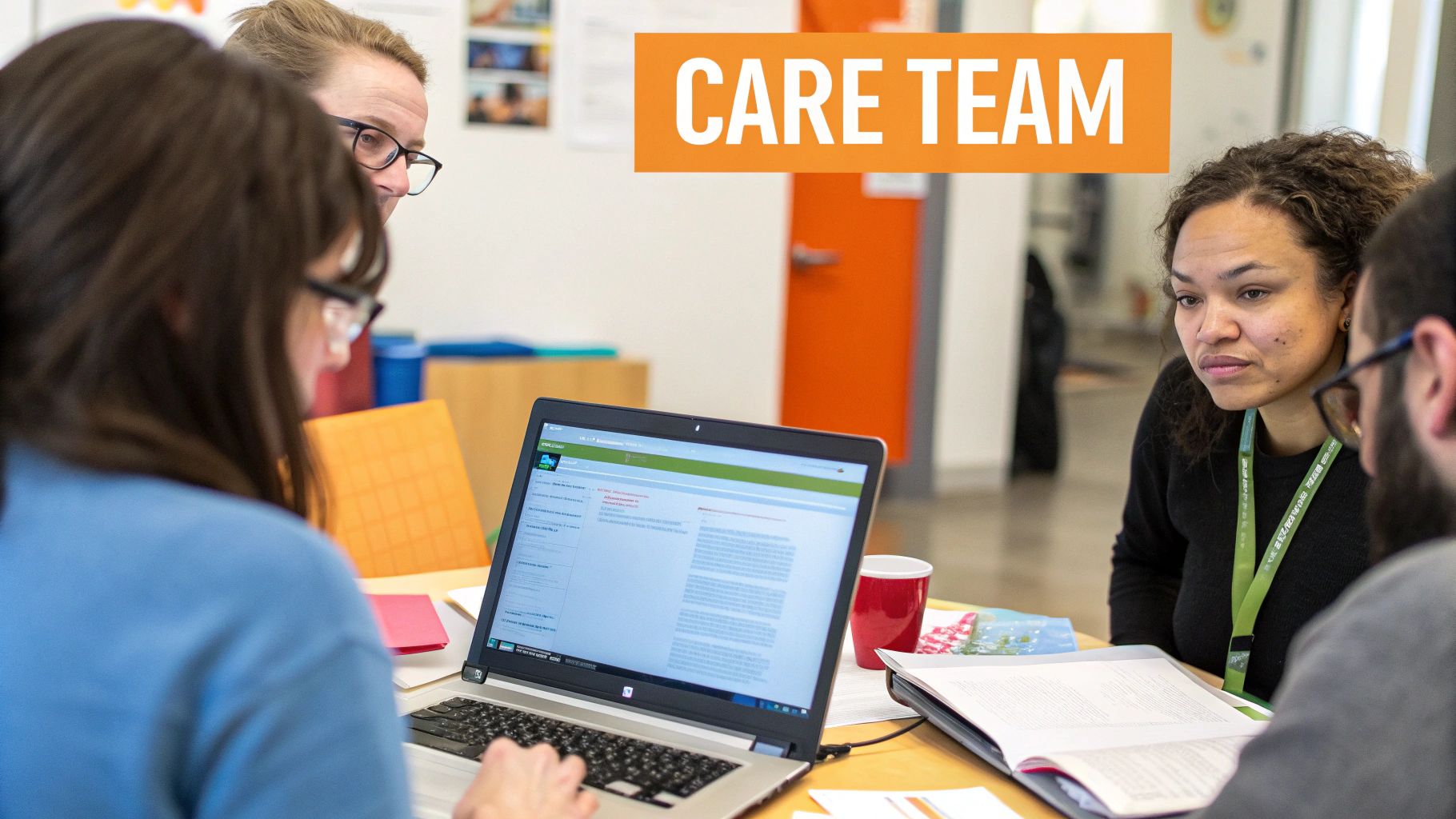 Healthcare care team collaborating around laptop during meeting discussing patient management and treatment plans