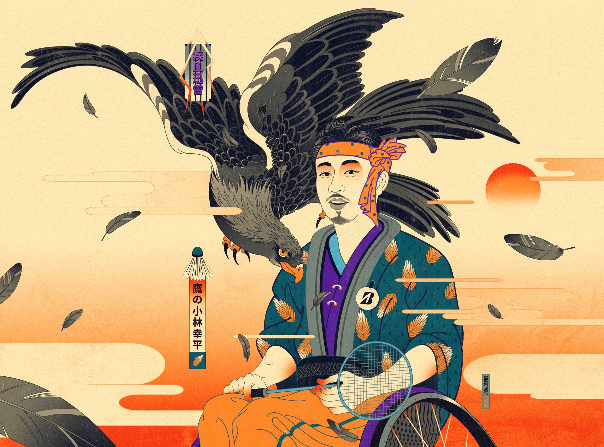 Illustration for Bridgestone Chase Your Dream showing para-badminton athlete Rie Ogura with a large falcon flying beside her.