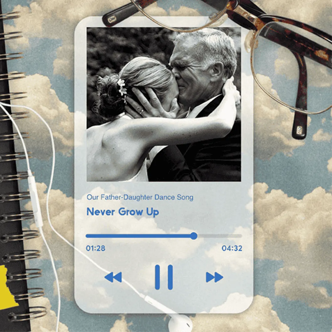 Father's Day card template styled like a music player with a dad-and-daughter photo and the song 'Never Grow Up.'