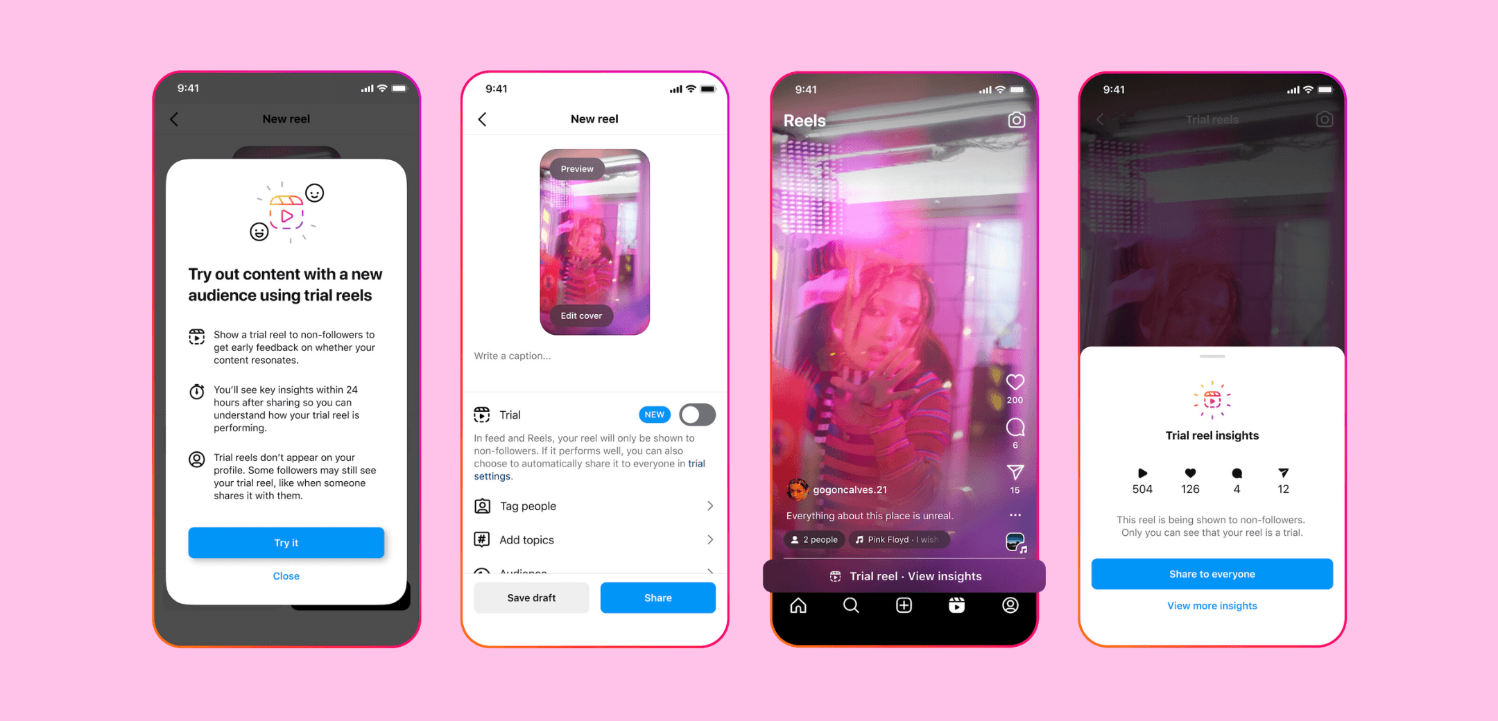 Four smartphones explaining Instagram trial reels - Instagram Reel Caption Ideas