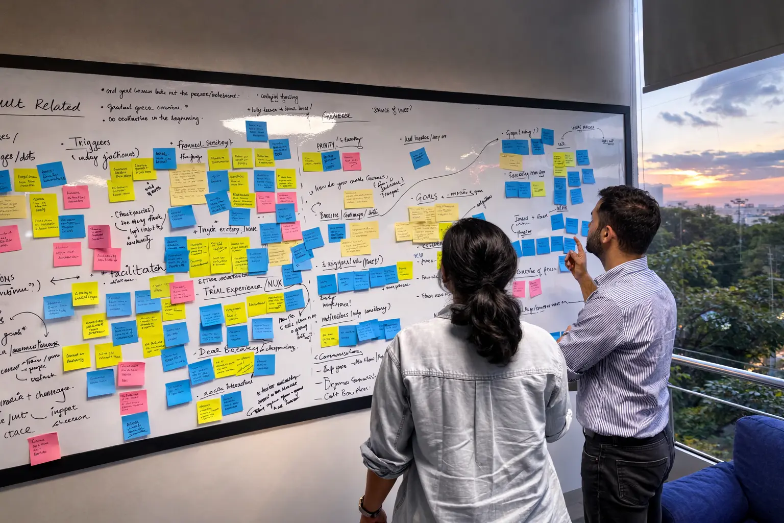 A man in a brown blazer and a woman in a light sweater sit at a desk with a laptop, discussing something. The room is dimly lit, creating a focused atmosphere.