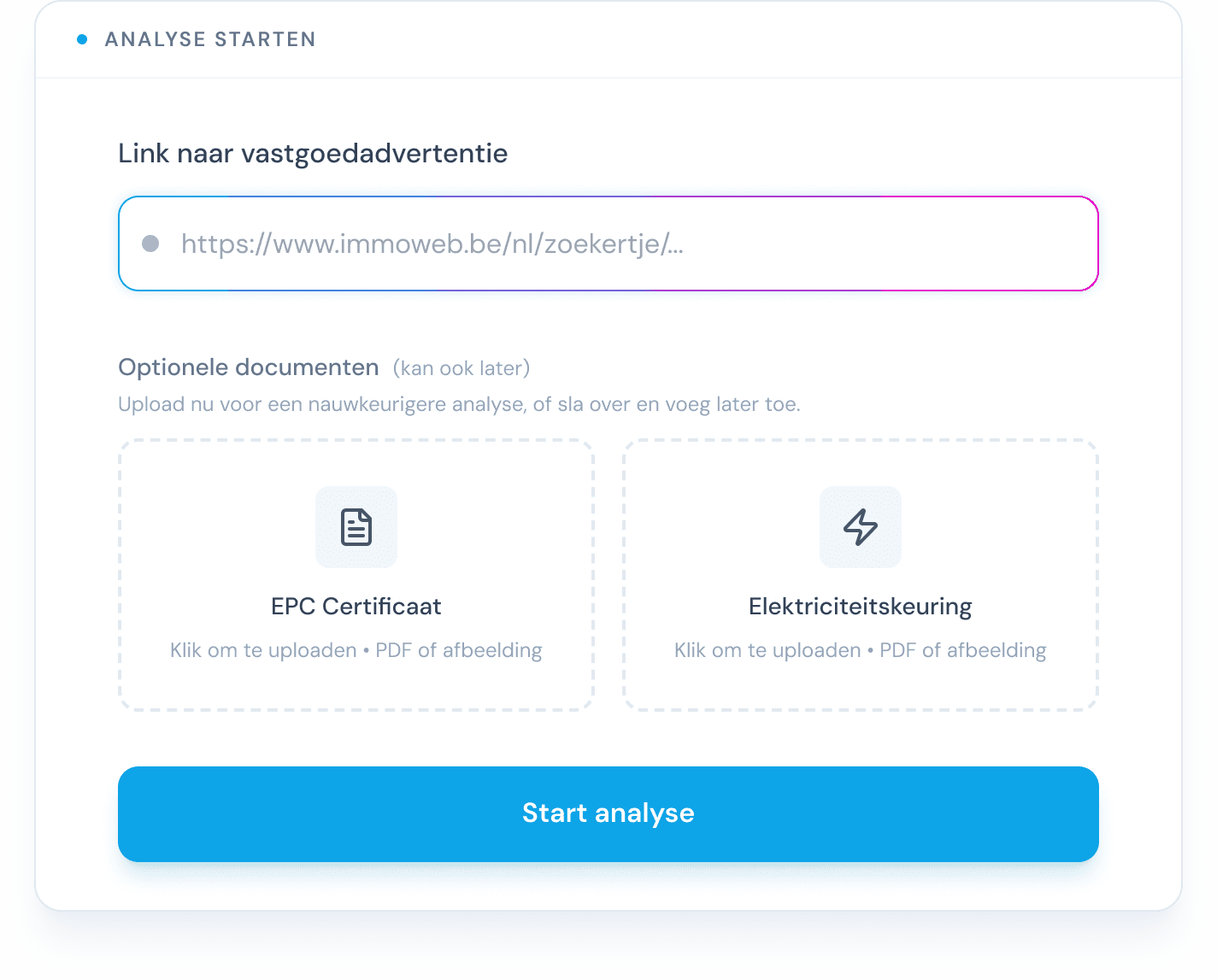 Bricksy scherm om een vastgoedadvertentie in te laden en een analyse te starten.