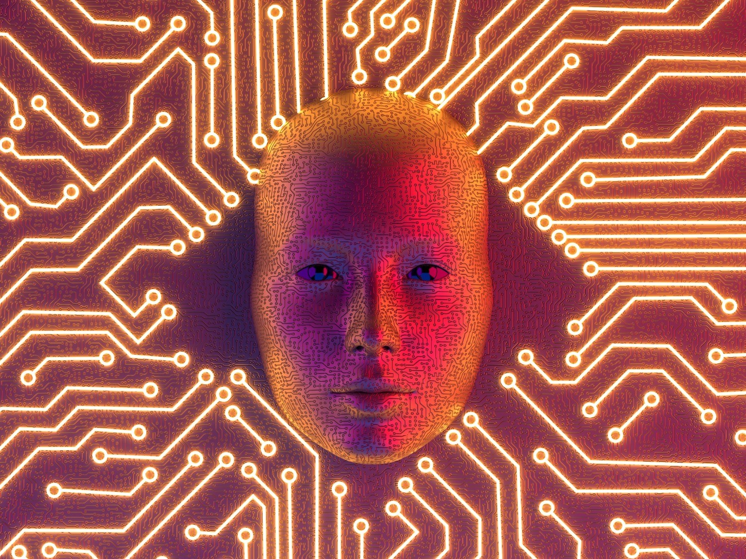 A zoomed  view of a vivid red and neon yellow computer chip surface with a humanoid robot face in the centre