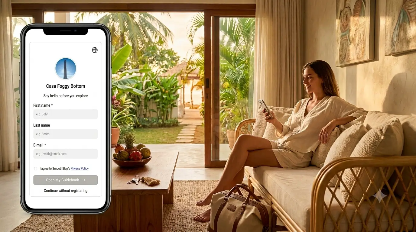 Huésped de alquiler vacacional completando un formulario digital simple de registro desde su teléfono