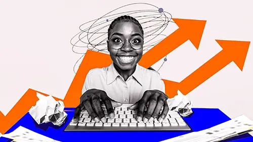A confident African woman typing on a keyboard with rising orange arrows behind her, symbolizing progress and hope in the job market.