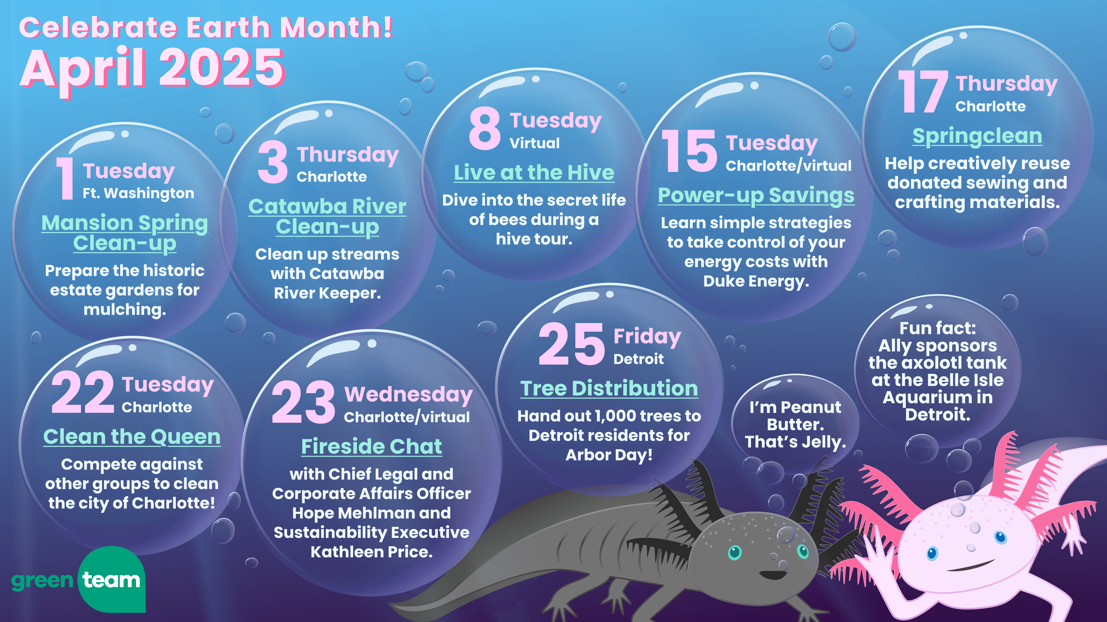 A calendar depicting two axolotls beneath a sea of bubbles. 