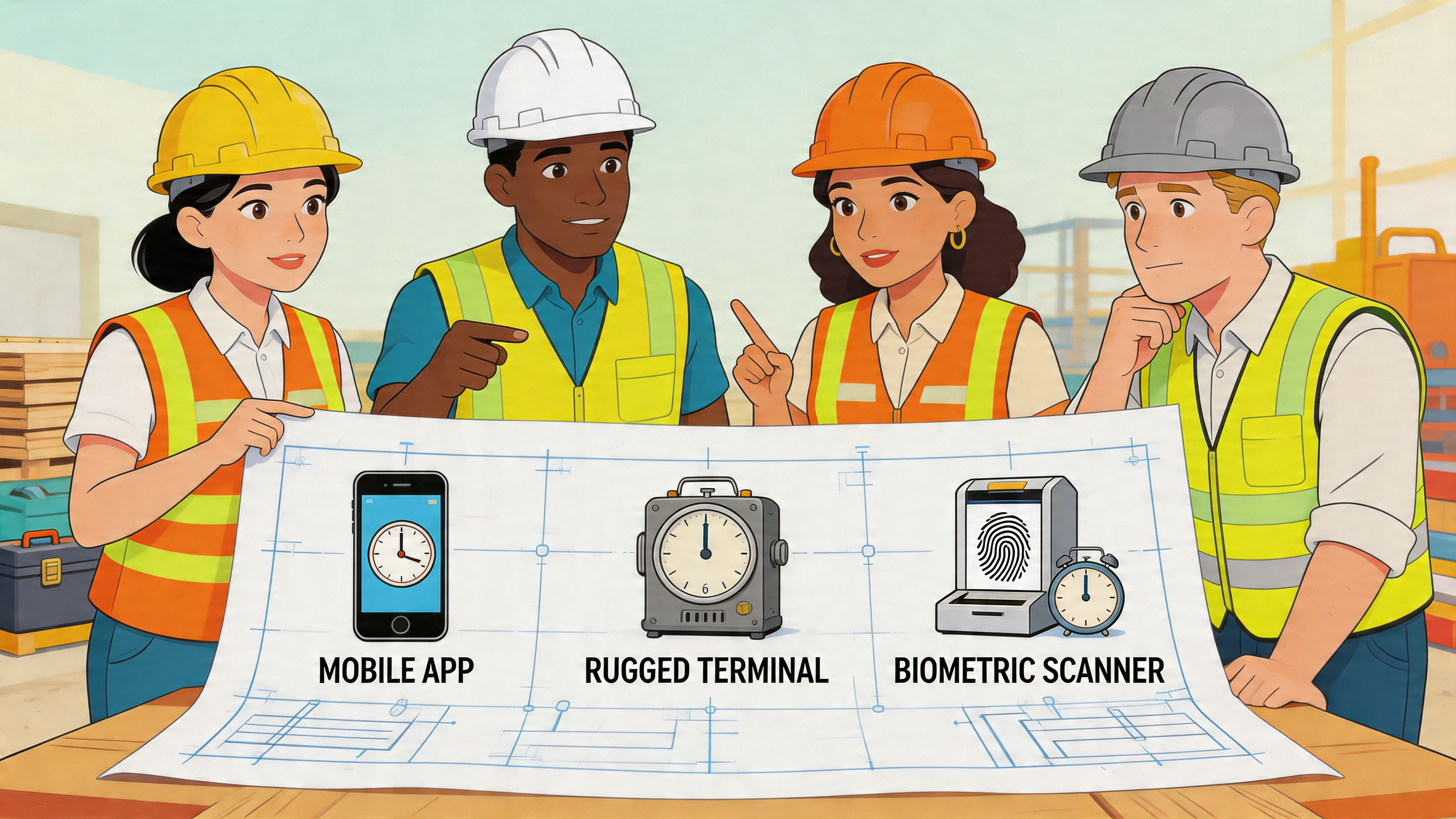 A diverse group of construction workers examining a blueprint displaying mobile app, terminal, and biometric clock options.