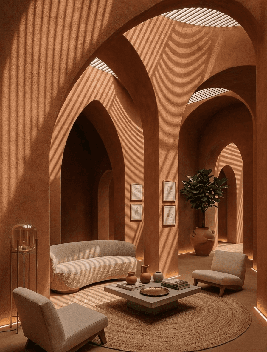 Atrium with sweeping curved wooden balconies, slatted surfaces, and overhead skylight.