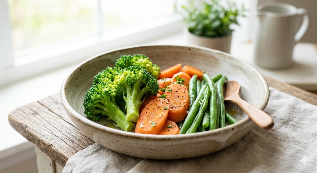 A close-up photograph of a rustic ceramic bowl filled with a healthy serving of steamed broccoli florets, sliced carrots, and whole green beans, seasoned with black pepper and olive oil, resting on a wooden table next to a window.