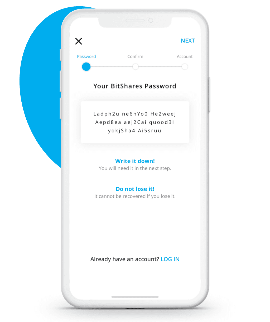 Passwort Vergabe innerhalb der BitShares App.