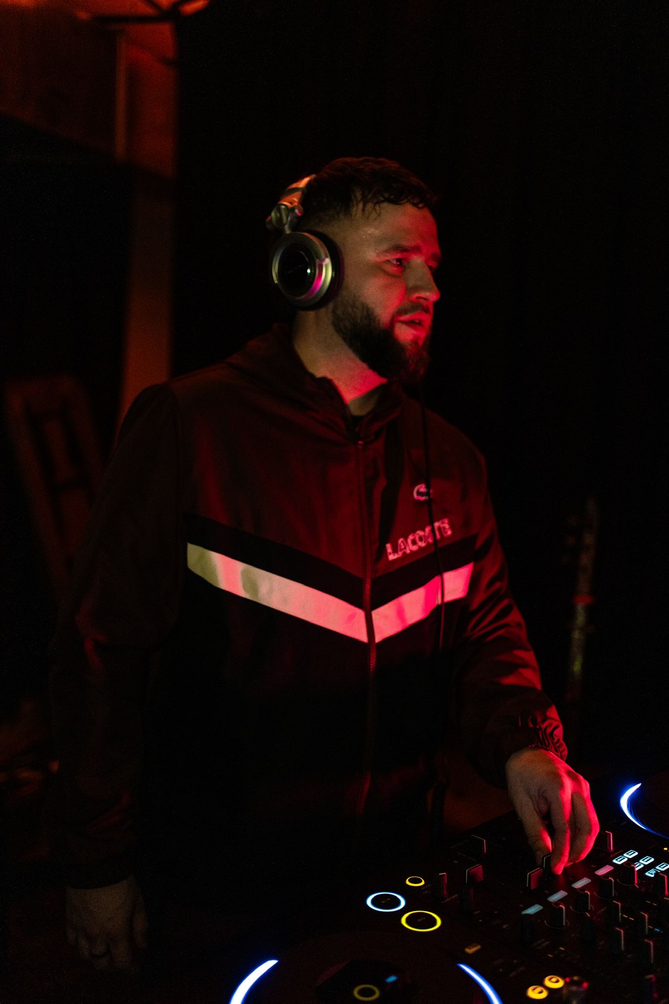 Surreal portrait of man with kaleidoscope effect and neon lighting