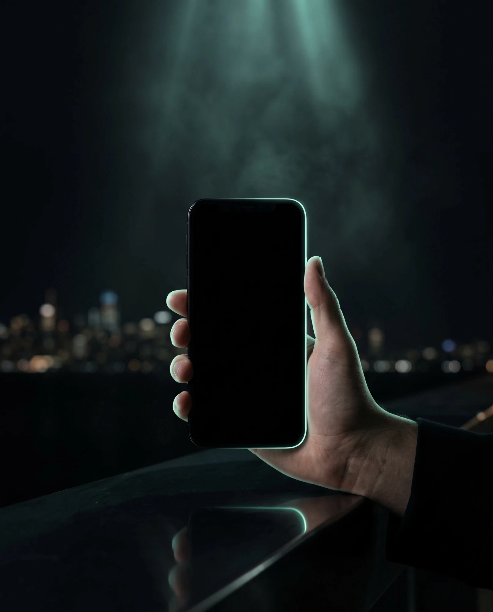 Hand holding a phone at night with a mint rim light