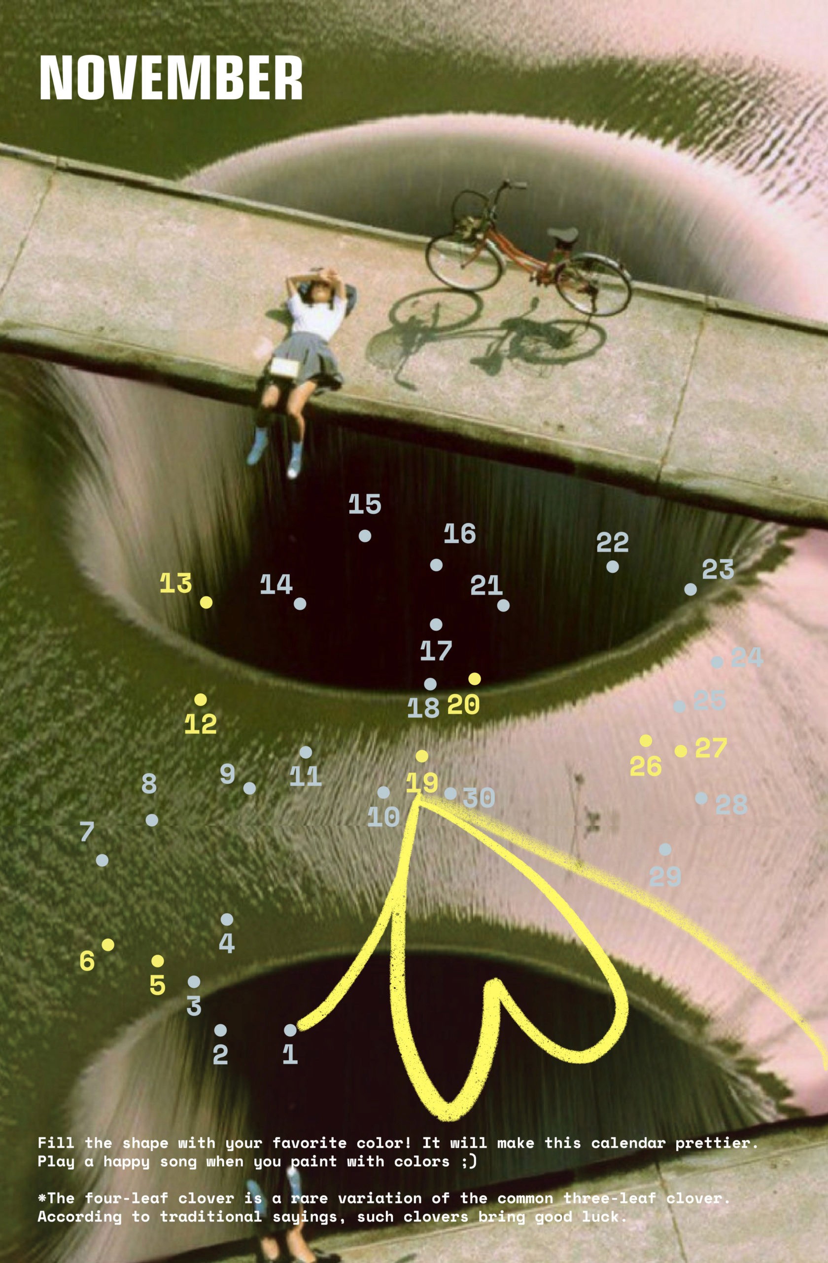 November 2023 month illustration with a girl laid on the ground near a red bike and a yellow heart shape formed by connecting points representing the month's dates