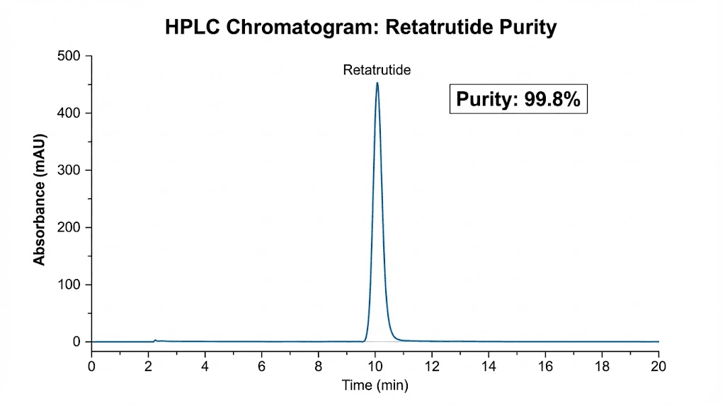 HPLC purity chromatogram for research-grade retatrutide showing 99% purity peak