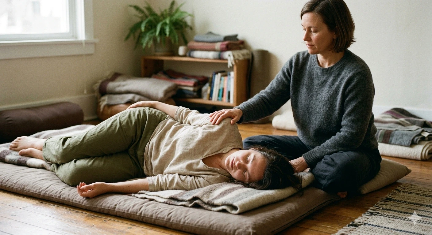 A bright yoga studio with a girl practicing gentle restorative yoga.