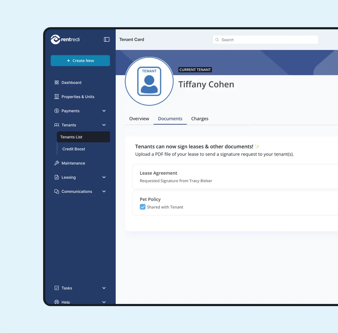 RentRedi tenant card for Tiffany Cohen showing the Documents tab with a lease agreement and pet policy ready for e-signature.