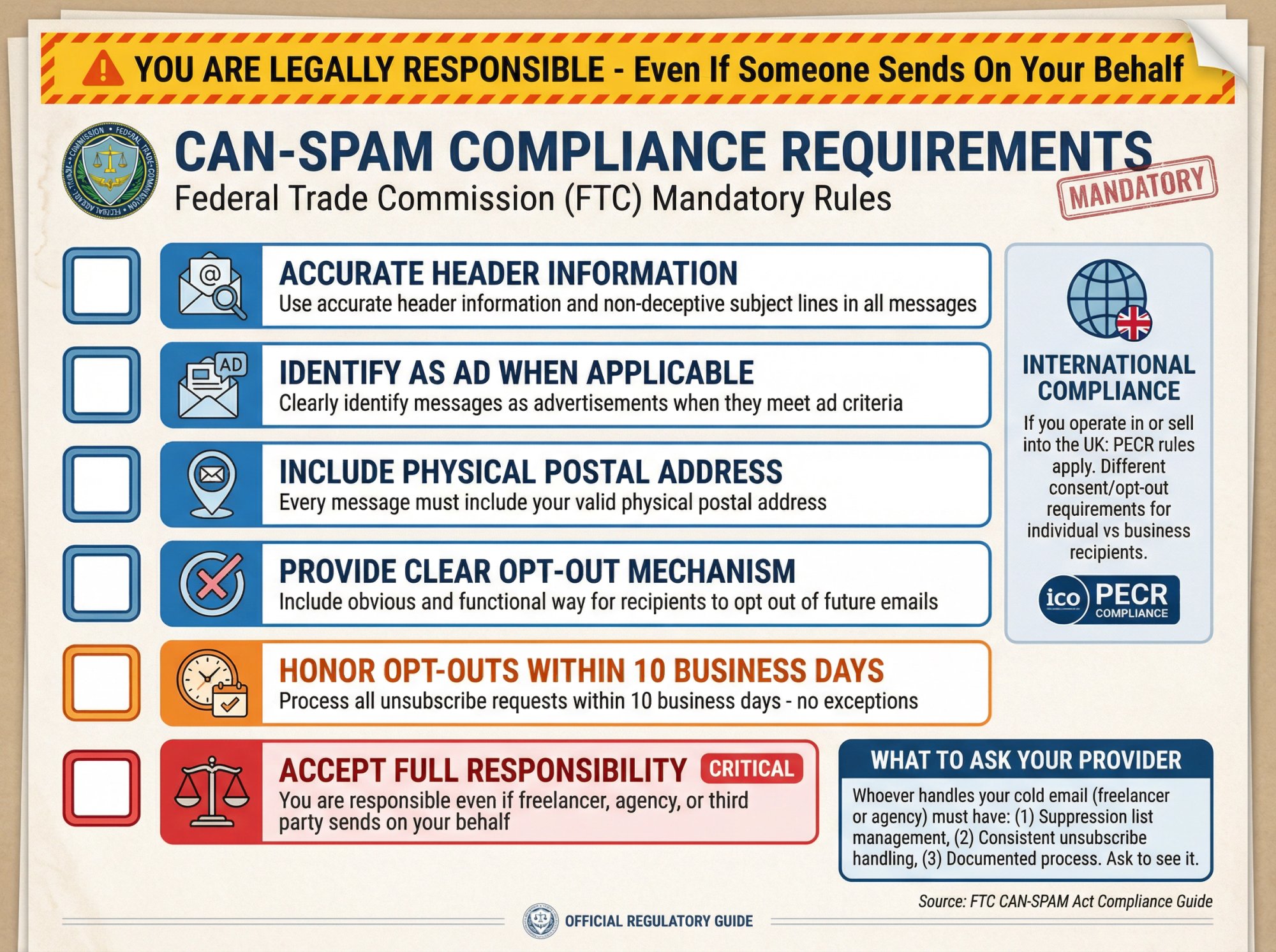 CAN-SPAM compliance requirements checklist showing mandatory legal obligations for cold email campaigns