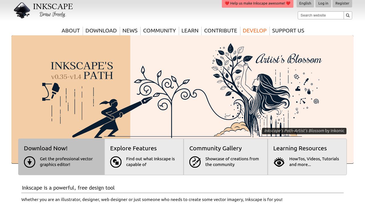 Screenshot of the Inkscape website presenting free vector graphics editor information