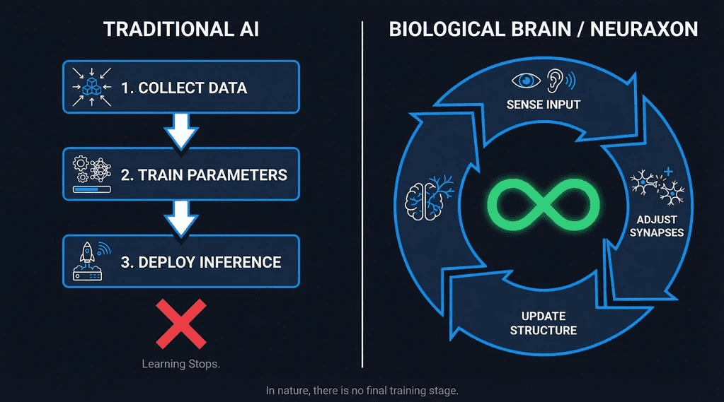 Infographic comparing traditional AI three-stage training pipeline versus brain-inspired continuous learning loop used in neuromorphic AI systems like Neuraxon.