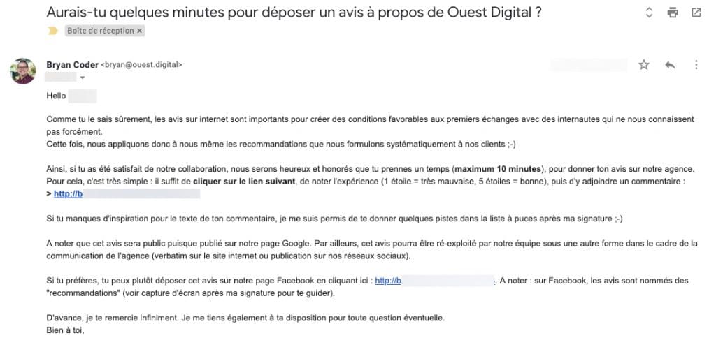 Mail demande avis client