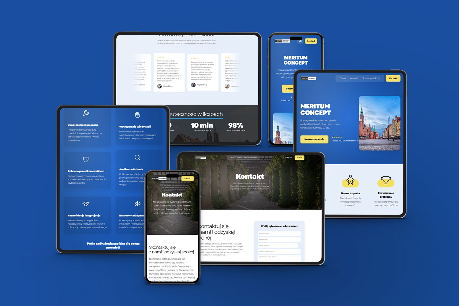 Responsywny projekt strony internetowej dla branży finansowej zaprezentowany na urządzeniach mobilnych i tabletach. Profesjonalne projektowanie stron www oraz szybkie wdrożenia no code.